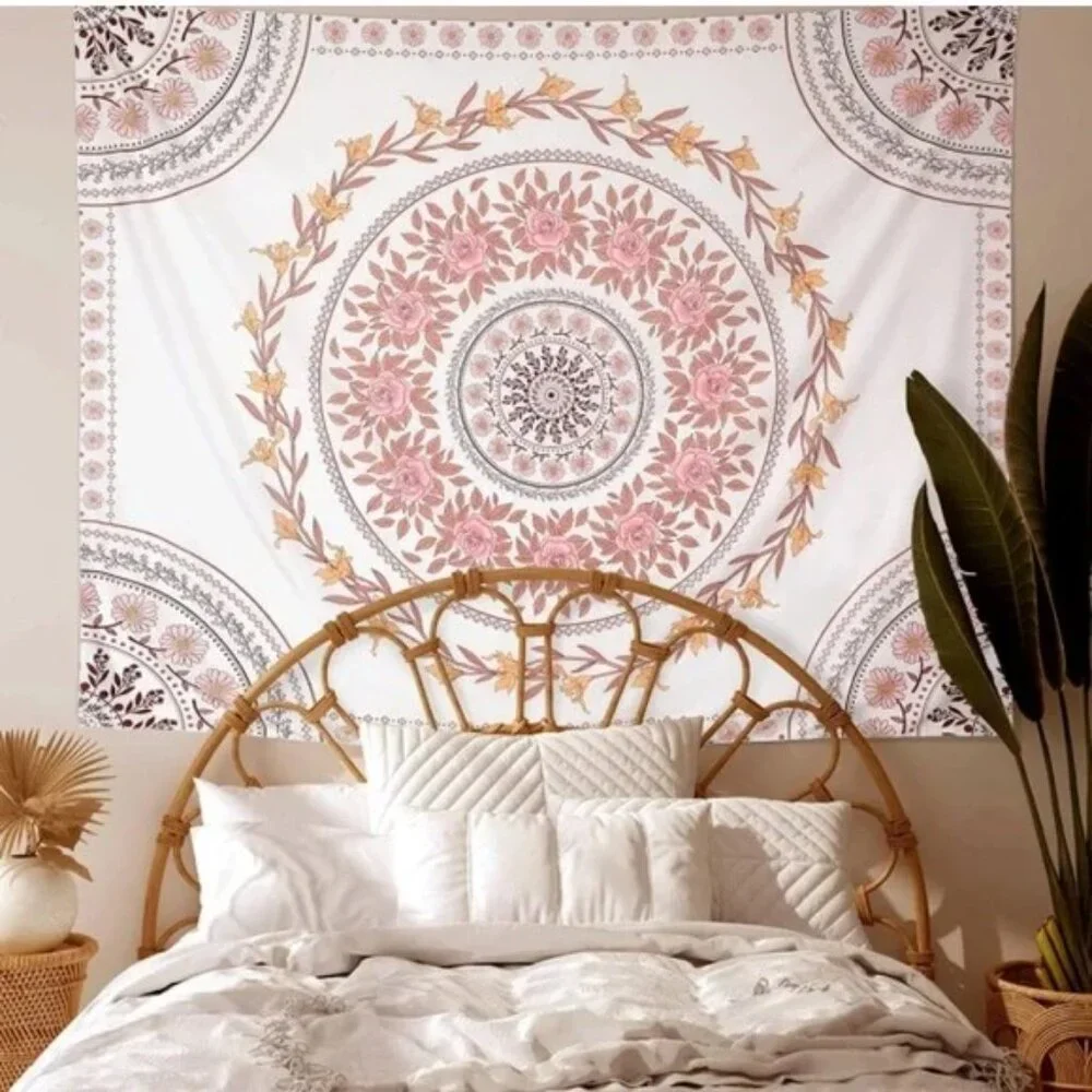 Floral Mandala Boho Neutral Pink/Cream Rose/Daisy Tapestry Wall Art Home Decor